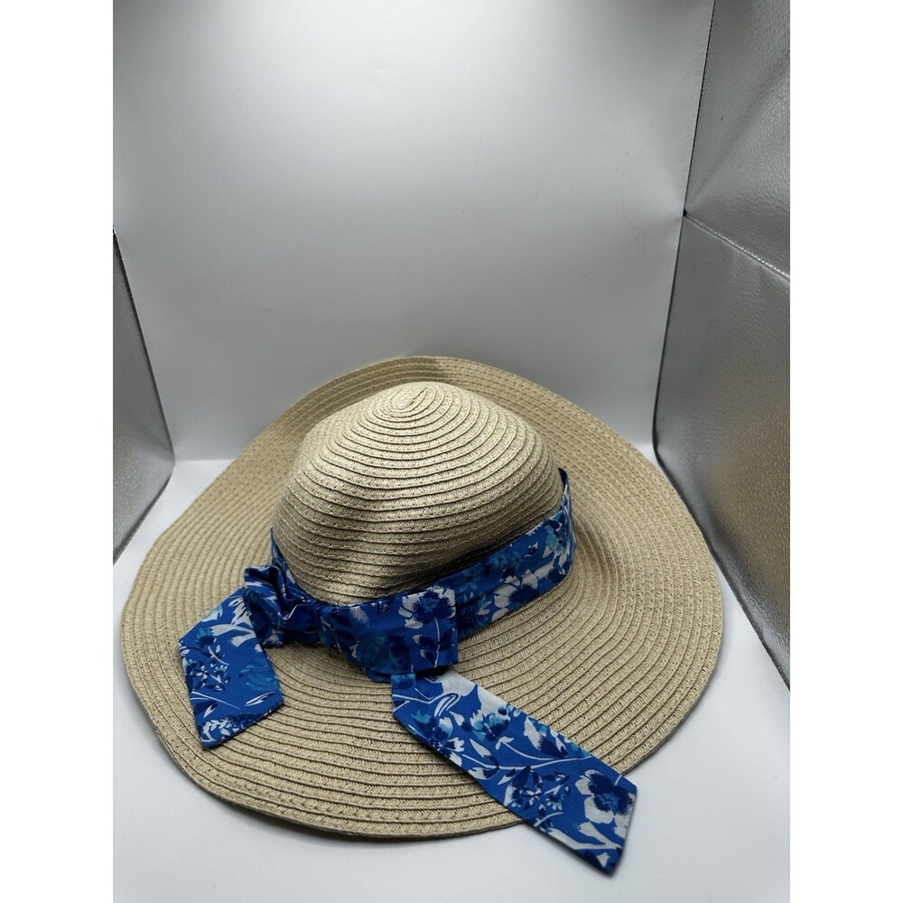 Women’s Straw Sun Hat Wide Brim Blue Floral Ribbon Tie Beach Summer